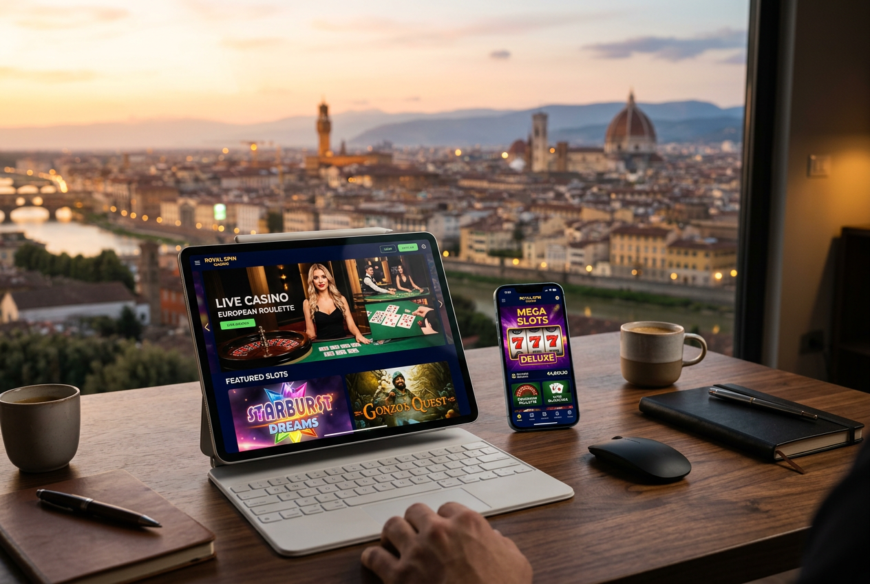 A luxury tablet and smartphone showing an online casino interface with a blurred European city backdrop.