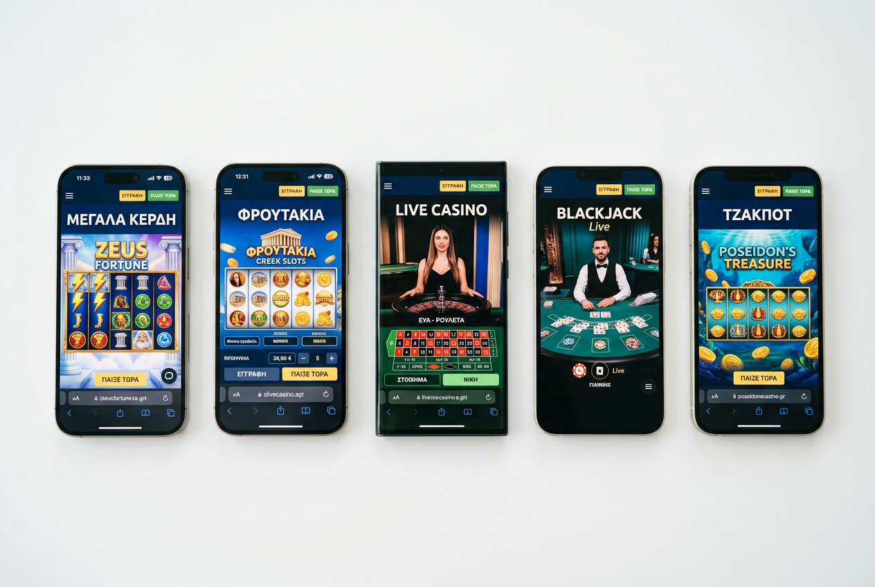 A comparison view of different mobile casino interfaces on multiple smartphones.