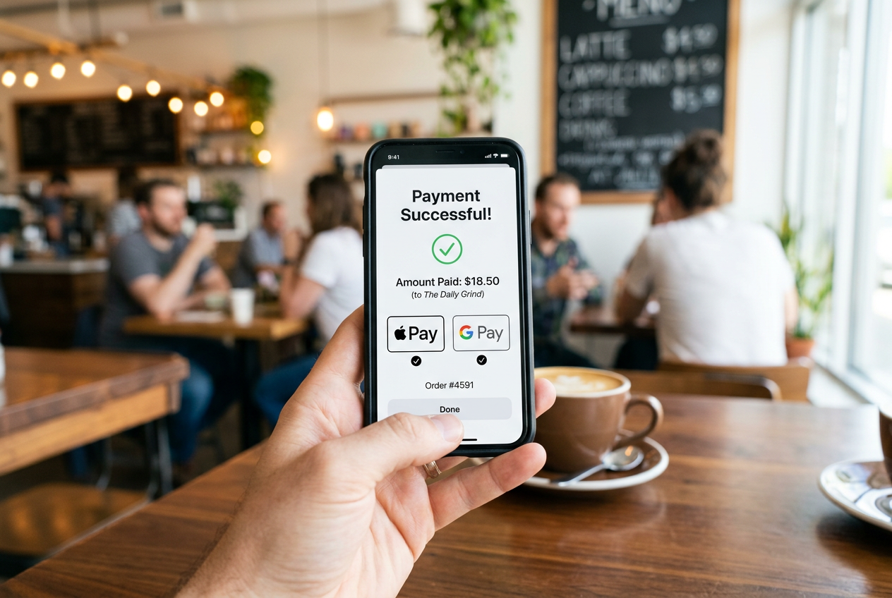 A user performing a secure mobile payment using a smartphone with biometric authentication.