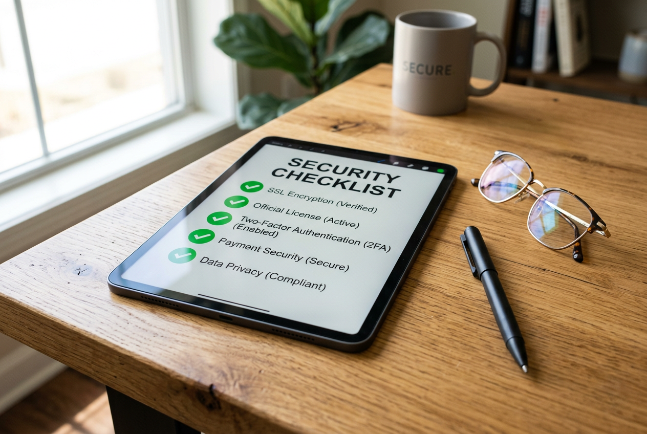 A digital tablet showing a security checklist for online casino evaluation.