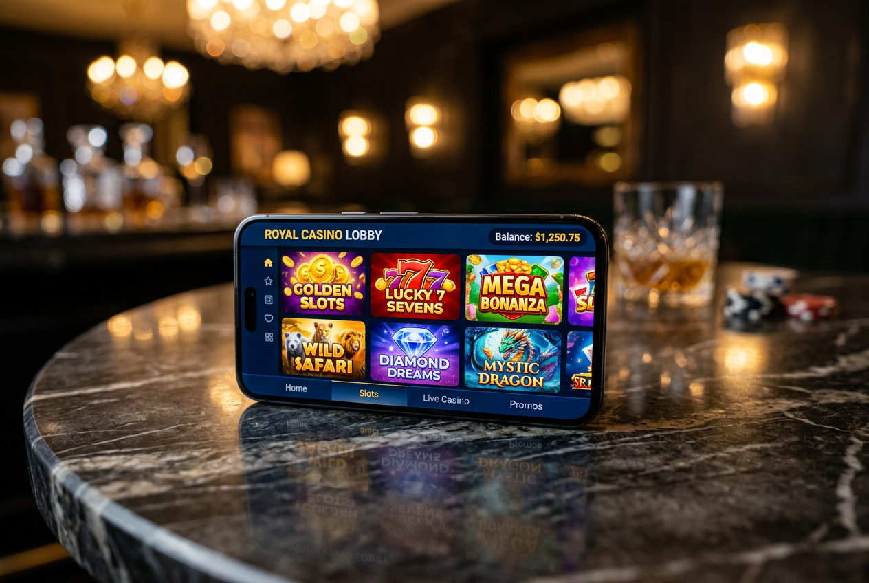 A modern smartphone displaying a colorful online casino interface on a marble table.